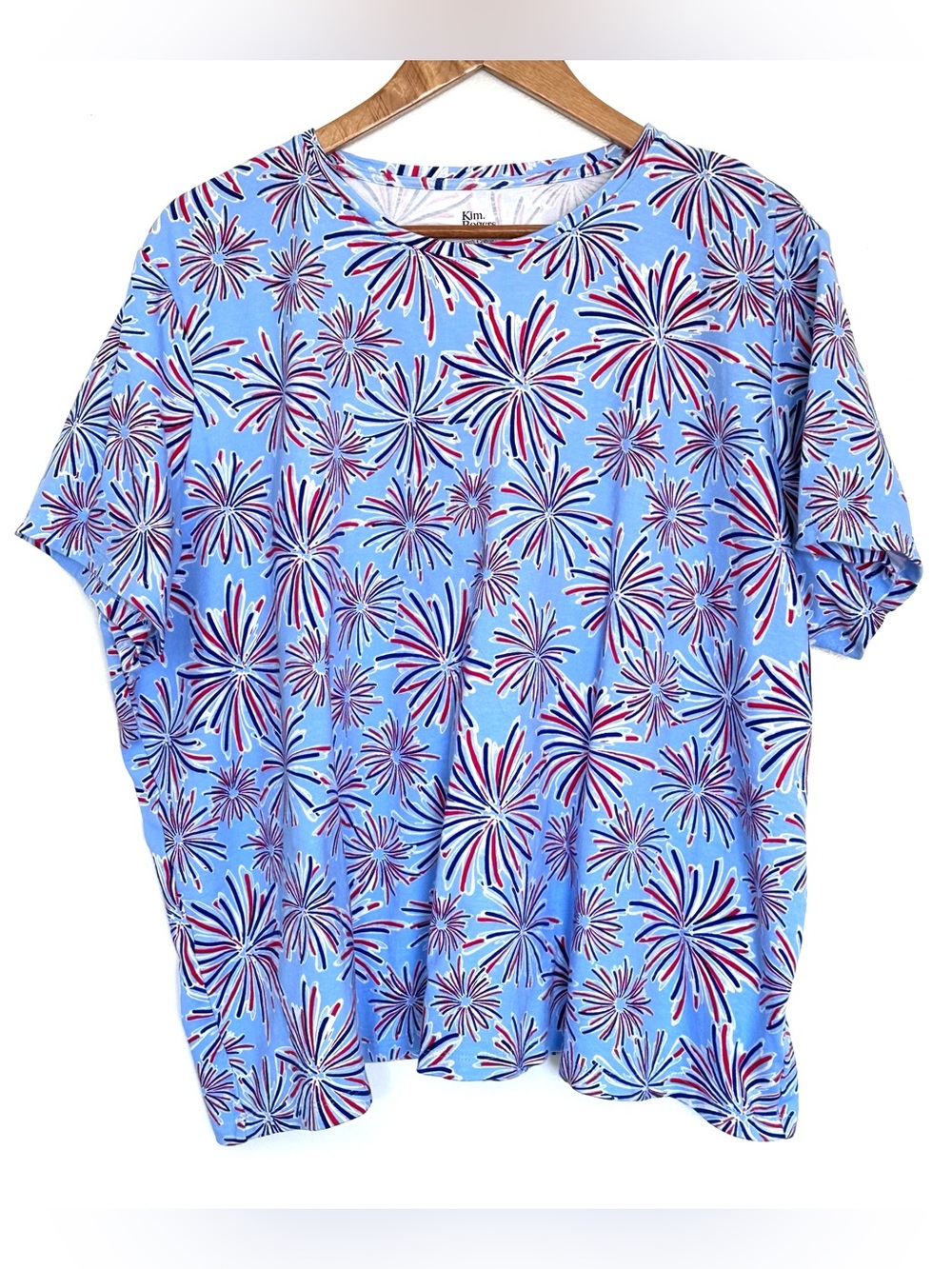 Kim Rogers Plus Shirt Women’s 3X Red White Blue Fireworks Cotton Short Sleeve